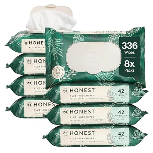 The Honest Company Flushable Wipes for Sensitive Skin, Hypoallergenic, Fragrance-Free, Tropical Leaves Design, 336 Count (4 Packs of 84) - Image 1
