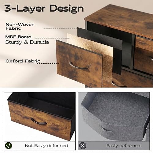 WLIVE Tall Dresser for Bedroom, 9 Drawer Chest of Drawers, Rustic Brown | 9 roomy fabric drawers, Tall storage design, Bedroom or closet use, Sturdy steel frame, Smooth wood tabletop thumbnail 8