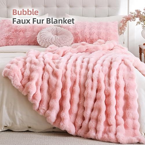 Smoofy Faux Fur Throw Blanket for Couch – Blush Pink Fluffy Cozy Rabbit Fleece, Plush Soft Bubble Blanket for Sofa & Bed, for Mom, Warm Fuzzy Home Room Decor Throw 50" x 60" thumbnail 2