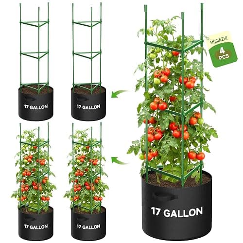 MQJIAZHI 4 Pack Tomato Cages, Triangle Tomato Trellis with 17 Gallon Grow Bags, Tomato Plant Support Stakes for Garden Climbing Vegetables Flowers Fruits - Image 1
