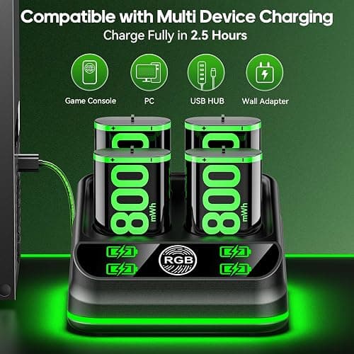 Rysker 4x4800mWh Rechargeable Battery Pack for Xbox with Charger, Controller Batteries Pack with Charging Station for Xbox One/S/X/Elite Controllers, Xbox Charger Dock with USB-C Cbale thumbnail 6