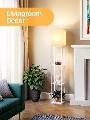 Floor Lamp with Shelves for Living Room White, Shelf Floor Lamp with 3 CCT LED Bulb, Corner Display Standing Column Lamp Etagere Organizer Tower Nightstand with White Linen Shade for Bedroom, Office thumbnail 7