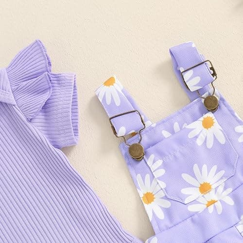 Rtnnsbbfcm Newborn Baby Girl Clothes Summer Outfit Short Sleeve Ribbed Romper Floral Suspender Overalls Shorts Set thumbnail 6