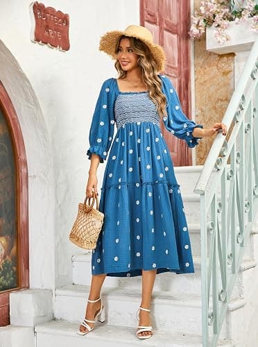 R.Vivimos Women's Long Sleeve Cotton Boho Midi Dress Vintage Square Neck Floral Embroidered Tiered Ruffle Flowy Pockets Dress thumbnail 5