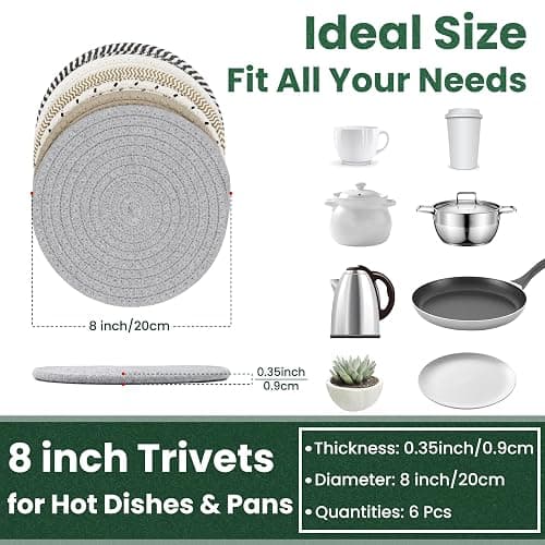 KITLAB 8 Inch Trivets for Hot Dishes, Hot Pots and Pans, Thick Heat Resistant Large Coaster for Kitchen, Hot Pads, Kitchen Essentials, Kitchen Decor for Table & Countertop, 6 Pcs thumbnail 2