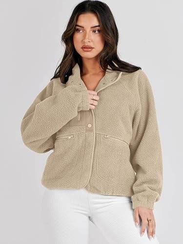 ANRABESS Womens Fuzzy Fleece Jacket Fall Casual Long Sleeve Cropped Sherpa Button Down Shacket Coats Outwear With Pockets thumbnail 7