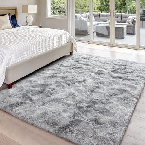 Hutha 4x6 Large Area Rugs for Living Room, Super Soft Fluffy Modern Bedroom Rug, Tie-Dyed Light Grey Indoor Shag Fuzzy Carpets for Girls Kids Nursery Room Home Decor thumbnail 3