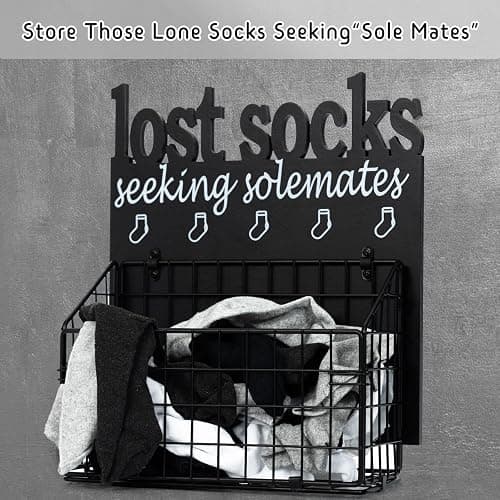 CQNET Lost Socks Basket for Laundry Room, Rustic Farmhouse Cutout Letters Organization, Home Wooden Decor And Accessories, Seeking Solemates Sign thumbnail 7