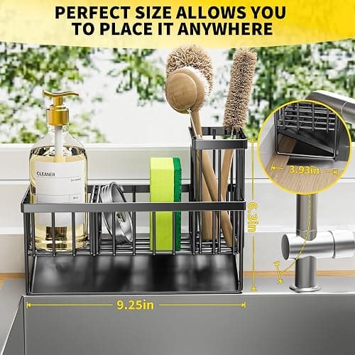 Cisily Kitchen Sink Caddy Organzier with High Brush Holder, Sponge Holder for Sink, 304 Rustproof Stainless, Kitchen Countertop Soap Dispenser Organizer, Kitchen Decor and Accessories (Black) thumbnail 2