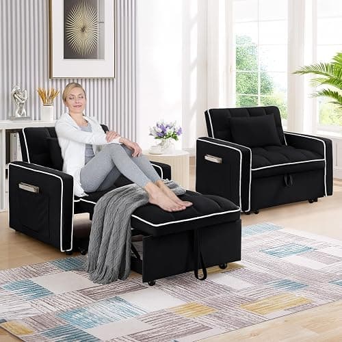 Convertible Sleeper Chair Bed, 3 in 1 Modern Velvet Pull Out Sofa Bed, Small Tufted Single Sleeper Chair with Adjustable Backrest/Pillow for Living Room, Small Spaces, Apartment, Office, Black thumbnail 6