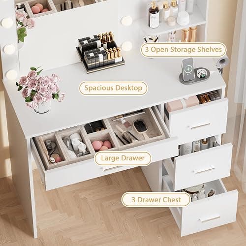 Furmax Vanity Desk with LED Lighted Mirror&Power Outlet, Makeup Vanity Table with 4 Drawers, 3 Open Storage Shelves, and 3 Color Modes, for Bedroom (Pure White) thumbnail 4