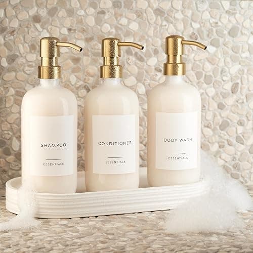 Stylish Shampoo and Conditioner Dispenser Set of 3 - Modern 21oz Shower Soap Bottles with Pump and Labels - Easy to Refill Body Wash Dispensers for an Instant Bathroom Decor Upgrade Clear thumbnail 2