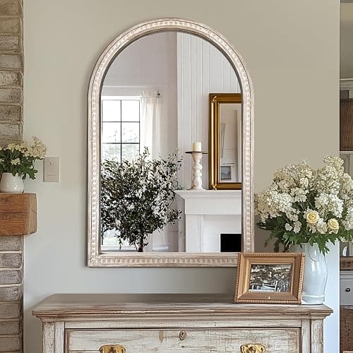 AMOISE Arched Vanity Wall Mirror 36 x 24 Inch Beaded Wood Frame Boho Farmhouse Decorative Mirror for Bathroom Bedroom Entryway Living Room - Image 1