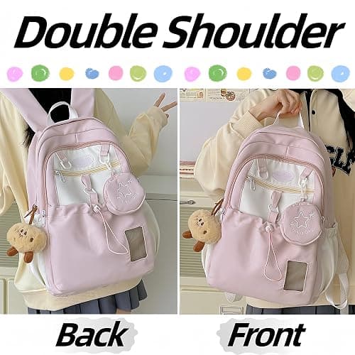UINSUE Kawaii Backpack Double Shoulder Bag with Cute Star Removable Pouch Small Clear Front Pocket Large Capacity Fits 16" Laptop Dopamine Colors Daypack (Pink) thumbnail 2