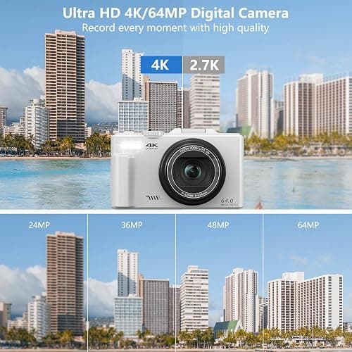 Digital Camera for Photography, 4K Vlogging Camera for YouTube 3" 180° Flip Screen 18X Digital Zoom Compact Cameras with 32GB TF Card & 2 Batteries, White thumbnail 2