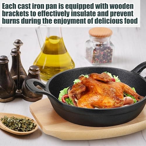 Sliner 4 Sets Mini Cast Iron Skillet Small Cast Iron Plates Skillet with Wooden Base Small Round Pan Fajita Plate Pot for Baking Cooking(6.3 Inches) thumbnail 5