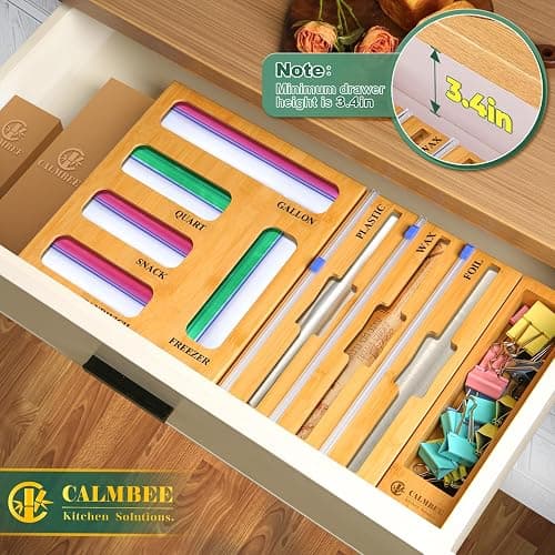 Calmbee 9 IN 1 Storage Bag Organizer for Kitchen Drawer, Bamboo Foil and Plastic Wrap with Cutter, Organizers Compatible Gallon, Quart, Sandwich Snack Size thumbnail 5