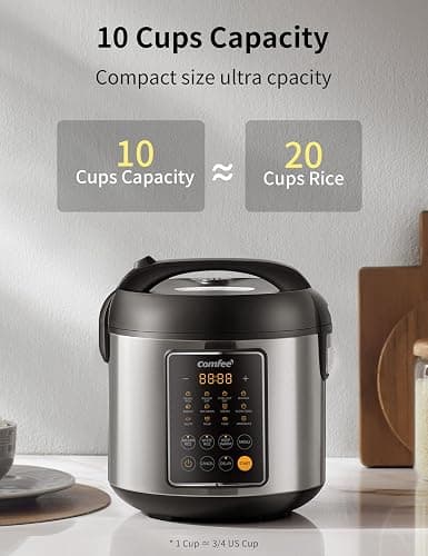 COMFEE' Rice Cooker, 14-in-1 Stainless Steel Multi Cooker, Slow Cooker, Steamer, Sauté, and Warmer, 5.3 QT, 20 Cups Cooked (10 Cups Uncooked), Brown Rice, Quinoa and Oatmeal thumbnail 4