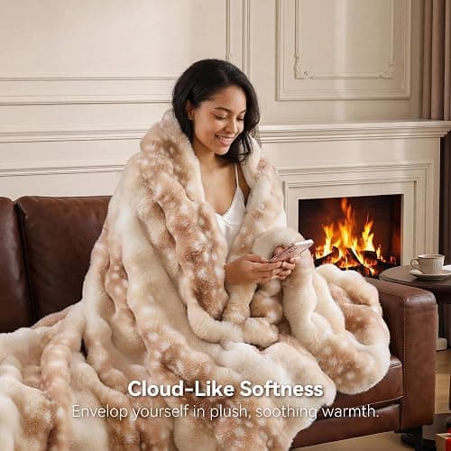Smoofy Faux Rabbit Fur Throw for Couch - Deer Brown Bubble Blanket 50"x60" | Fluffy Plush Fuzzy Fawn Throw for Sofa & Bed, Super Soft Cozy Comfort Blanket, Aesthetic Deer Print Decor Gift for Women thumbnail 2