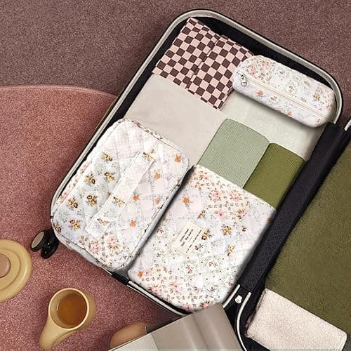 GISMTR 3Pcs Cotton Quilted Makeup Bag Large Travel Cosmetic Bag Coquette Makeup Pouch Cute Aesthetic Floral Toiletry Bag for Women Girls (flower-U) - flower-U thumbnail 5