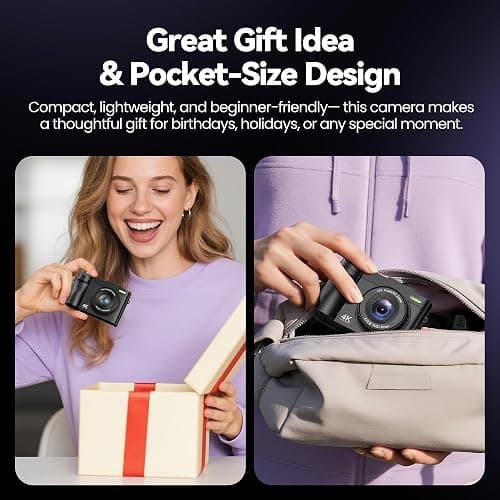 Digital Camera 4K for Photography Vlogging: 50MP Cameras for Video - 16X Zoom Photo Camera Gifts for Teens Ages 8-16 - 180°Flip Screen Compact Cámara - Point and Shoot Digital Cameras for YouTube thumbnail 6