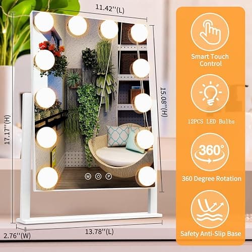 Dirket Vanity Mirror with Lights, Hollywood Lighted Makeup Mirror with 3 Color Lighting Modes and 12 Dimmable Bulbs, Detachable 5X Magnification, Smart Touch Control, 360°Rotation, White thumbnail 2