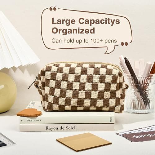 14 PCS Aesthetic Book Annotation Kit Large Checkered Pencil Case Book Lover Bookmark Dual Highlighters Gel Pens Study Supplies Stationary Set for Student Brown thumbnail 6