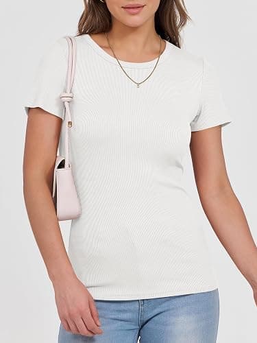 ANRABESS Women Short Sleeve Crewneck Ribbed Knit Slim Fitted Shirts Summer Tops Basic Tee Casual 2025 Fall Outfits Clothes thumbnail 3