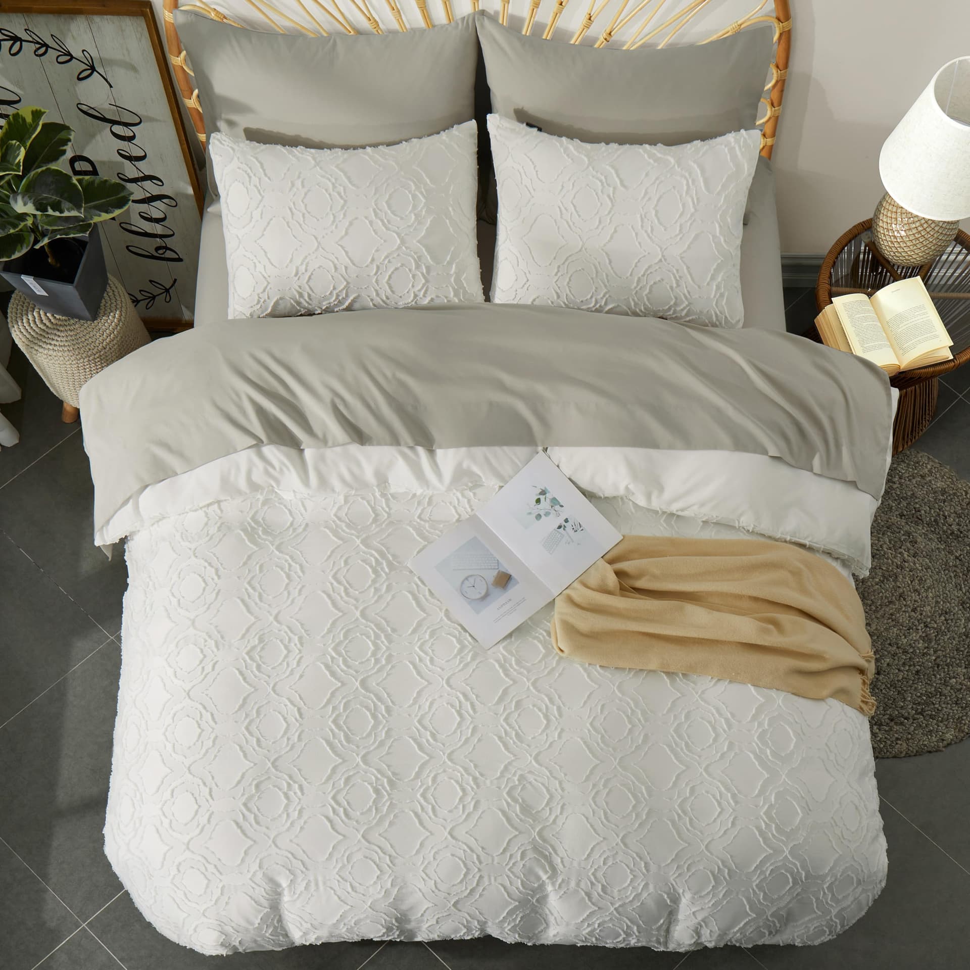 Quilt Cover King Size, Shabby Chic Tufted Beige Duvet Cover Set, 3PCS Soft and Breathable Textured Boho Bedding Set with Zipper Closure (White, King) thumbnail 6