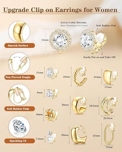 FIBO STEEL 10 Pairs Clip On Earrings for Women Non Pierced Ears CZ Pearl Knot Twist Chunky Hoop and Studs Earring Set Ear Clips Jewelry 14K Gold Plated thumbnail 2
