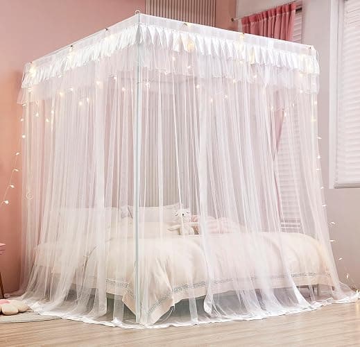 Mengersi Princess 4 Corners Post Bed Curtain Canopy Mosquito Netting (White, Twin) thumbnail 3