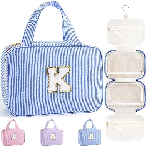 TOPEAST Travel Hanging Toiletry Bag, Personalized Initial Toiletry Pouch, Birthday Gifts for Women Mom Daughter Sister Friends, Cruise Essentials, Blue K - Image 1