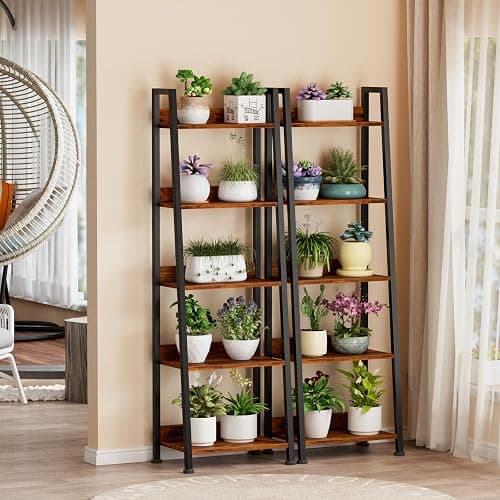 Furologee 5-Tier Ladder Shelf, Ladder Bookshelf with Removable Drawer, Rustic Bookcase Storage Rack Organizer, Wood Metal Freestanding Storage Shelf for Living Room, Home Office, Bedroom, Balcony thumbnail 8