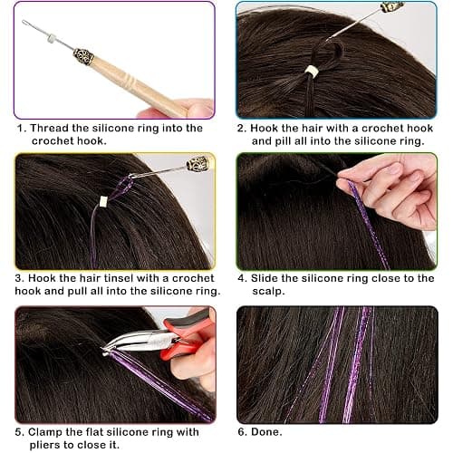 Hair Tinsel Kit (48 Inch, 24 Colors, 6000 strands), Tinsel Hair Extensions with Tools, Heat Resistant Glitter Hair Tinsel Kit for Women Hair Accessories thumbnail 7