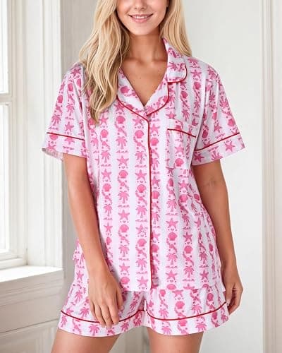 GZDINH Women's 2-Piece Pajama Set Palm and starfish Print Sleepwear Breathable Short Sleeve for Birthday Gift thumbnail 3
