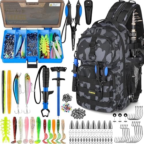 PLUSINNO Fishing Backpack with Tackle Boxes, Waterproof Fishing Sling Tackle Bag For Fishing Gear With Rod Holder, Fishing Gifts for Men With Fishing lures, Fishing pliers, Fish Lip Gripper. - Image 1