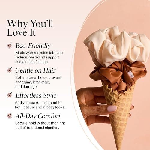 Kitsch Recycled Satin Oversized Scrunchies – Large Hair Scrunchies for Women, Eco-Friendly Hair Ties & Ponytail Holders | Ideal Gifts for Women - Camel & Cream, 2pc Set thumbnail 3