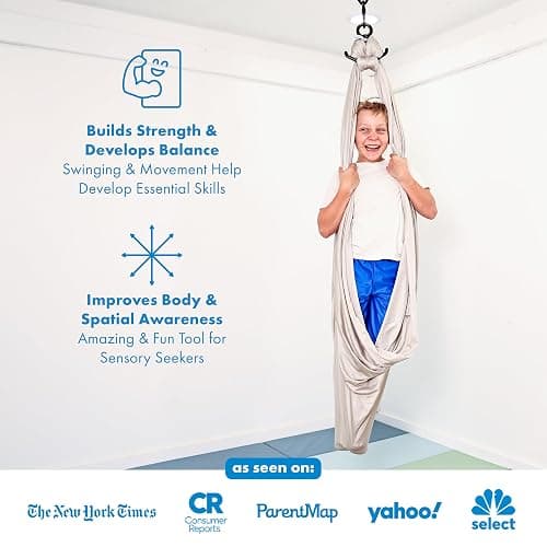 Harkla Sensory Swing for Kids & Adults - Holds 300lbs, Indoor Outdoor Sensory Swing for Hug Like Calming Effect - Double Layered Soft Fabric and Heavy Duty Hardware (Grey, 110" Swing) thumbnail 5