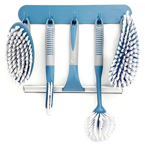 Scrub Brush Set of 6 pcs - Cleaning Shower Scrubbers with Squeegee for Shower Glass and Adhesive Wall Hooks Including Grout Cleaner Brush, Scrub Brushes for Cleaning Bathroom, Shower, Tile, Bathtub - Image 1
