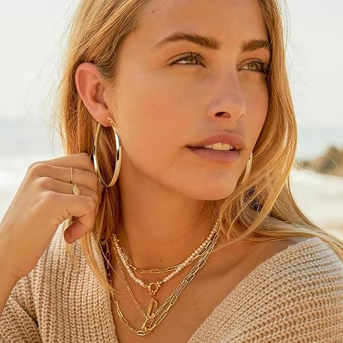EXGOX 5mm Wide Gold Hoop Earrings for Women,Sterling Silver Hoop Earrings Large Silver Hoop Earrings Hypoallergenic Lightweight 14K Real Gold Plated Big Hoop Earrings for Women 30/40/50/60/70mm - Gold Color/50MM thumbnail 2