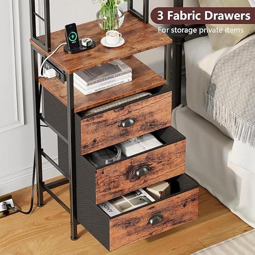 Furologee 44'' Tall Nightstand with Charging Station, Bedside Table with LED Lights, End Table with 3 Drawers and Storage Shelves, Night Stand with Pegboard for Bedroom, Rustic Brown thumbnail 6