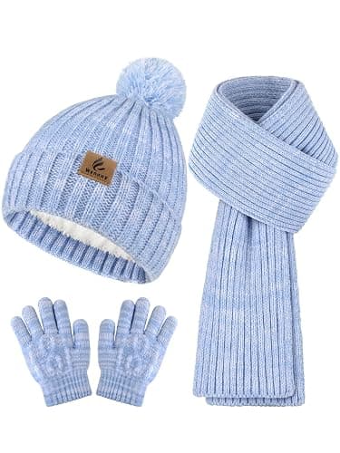 Wenouy Kids Winter Hat Scarf Gloves Set, Toddler Fleece Lined Gloves Warm Knitted Scarf Winter Beanie with Pom for Boys Girls - Image 1