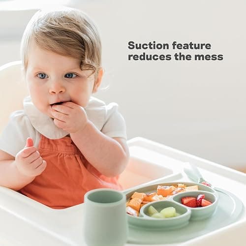 ezpz Mini Mat (Sage) - 6 -12 Months+ - 100% Silicone Suction Placemat + Divided Plate with Three Compartments - Supports Baby-Led Weaning - Designed for Highchair, Table, and Travel thumbnail 5