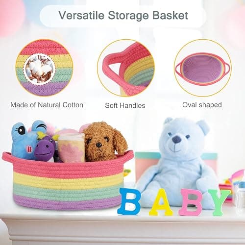 COMSE Small Woven Basket with Gift Bags and Ribbons, Gift Basket Empty, Cotton Rope Storage Organizer, Baby Toy Box with Handles, 12" x 8" x 5", Rainbow thumbnail 7
