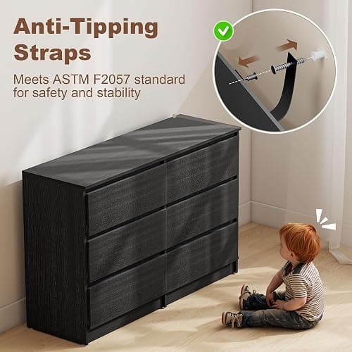 HOMCOM 6 Drawer Dresser for Bedroom, Wide Chest of Drawers, Modern Clothes Storage Organizer for Living Room, Hallway, Black thumbnail 6