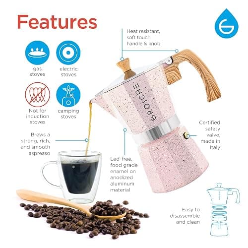 GROSCHE Milano Moka pot, Stovetop Espresso maker, Greca Coffee Maker, Stovetop coffee maker and espresso maker percolator (Pink, 3 cup) thumbnail 4