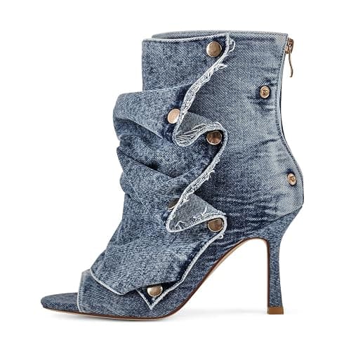 sexytag Women's Peep Toe Booties Slouchy Stiletto Kitten Heel Shark Boots Open Toe Back Zipper Fashion Ankle Short Boot - Image 1