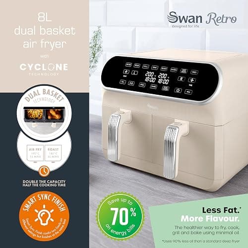 Swan SD10519C Retro Dual Basket Air Fryer with Swan Cyclone Technology, LED Display, 8 Pre-Set Cooking Options, Adjustable Temperature, 8L, 1700W, Cream thumbnail 3