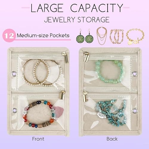 LingLingo Travel Jewelry Organizer Case,Small Jewelry Bags Jewelry Storage Book Ring Binder with Clear Zipper Velvet Pouch for Traveling (Inner Pages,Beige,3 PCS,Medium) thumbnail 3