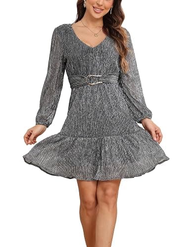 NERLEROLIAN Woman Shiny Threads Dress Long Sleeve Lined with Belt V Neck Mini Pleated Dress thumbnail 5